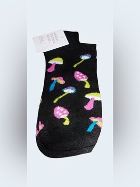 Black Socks with Colorful Mushroom Pattern, One Size, NWT